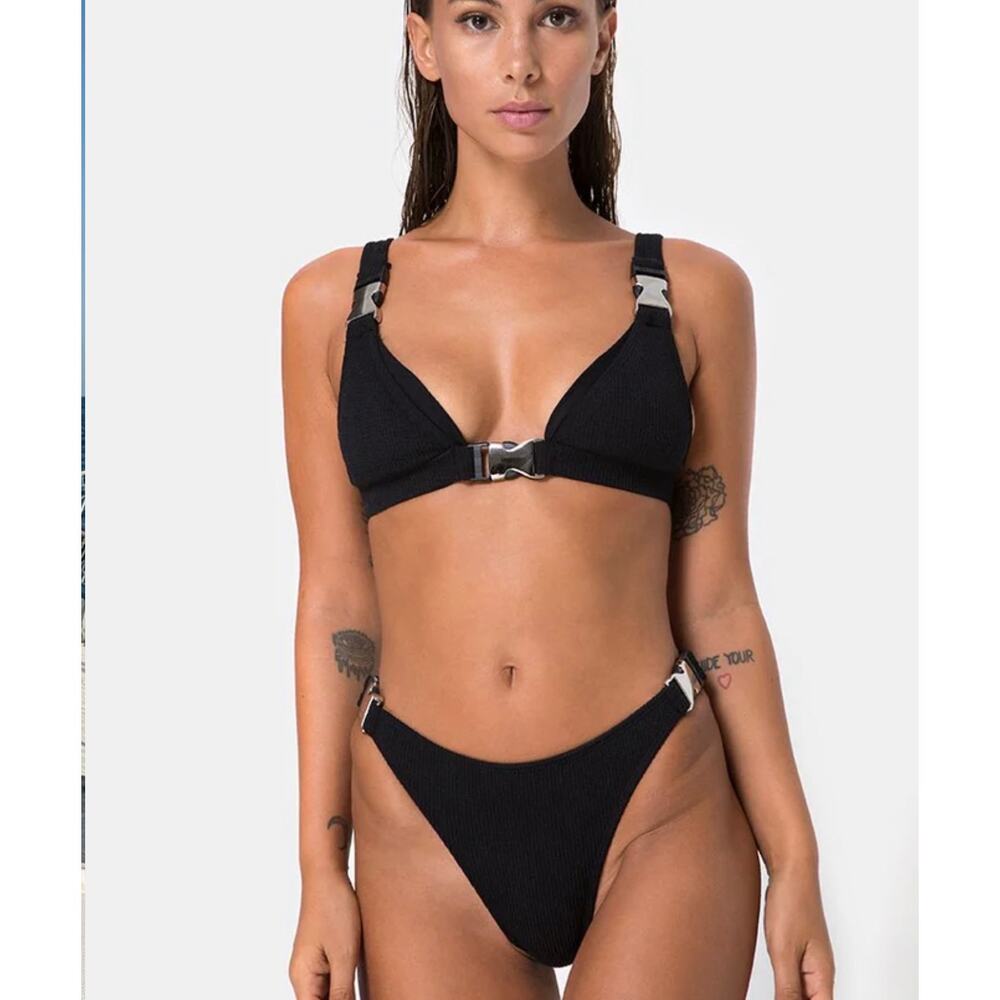 $82 NWT Motel Hyuna Bikini Top & bottom Black With Silver Buckle XS/S - Picture 2 of 7